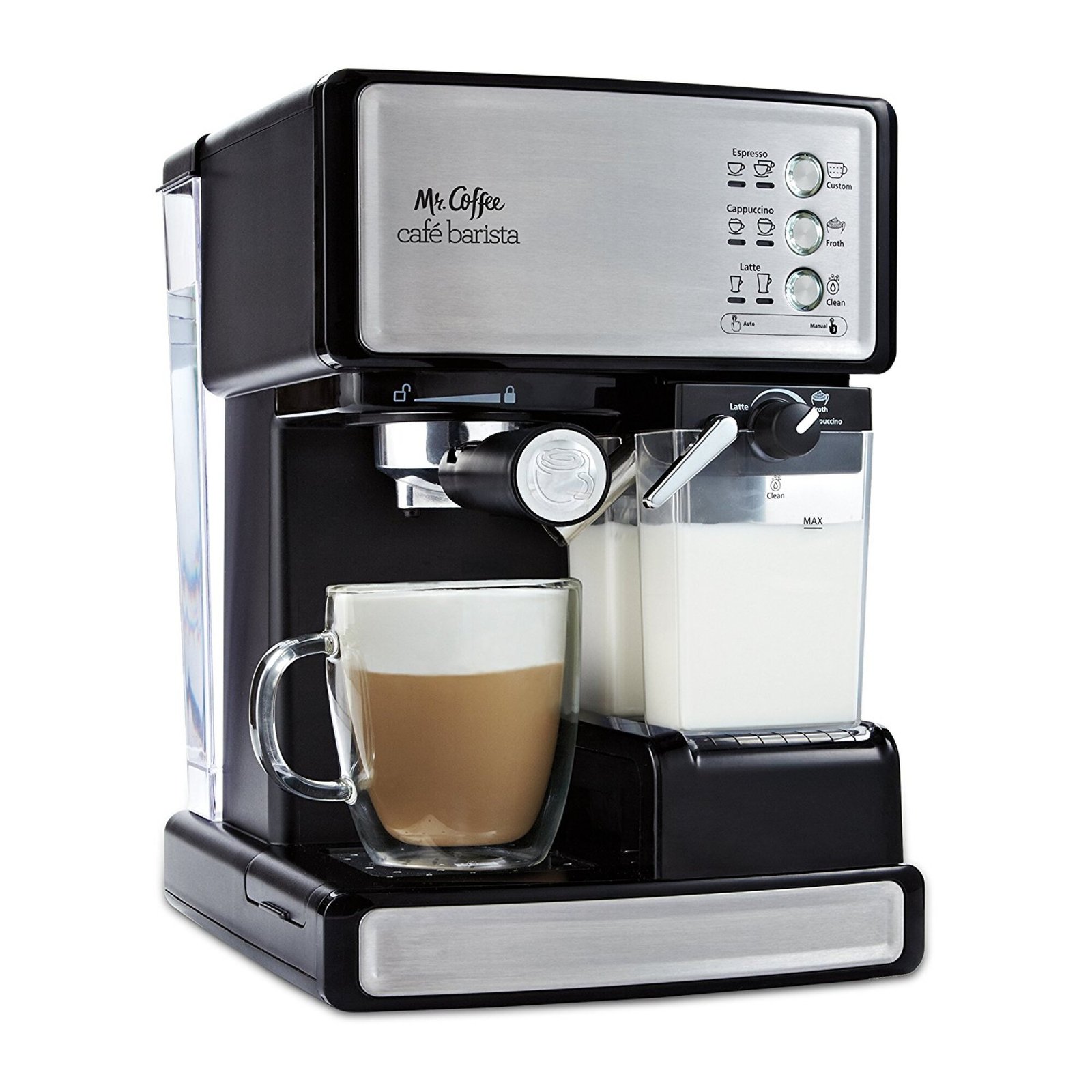 black espresso machine with steel accents, latte in on surface