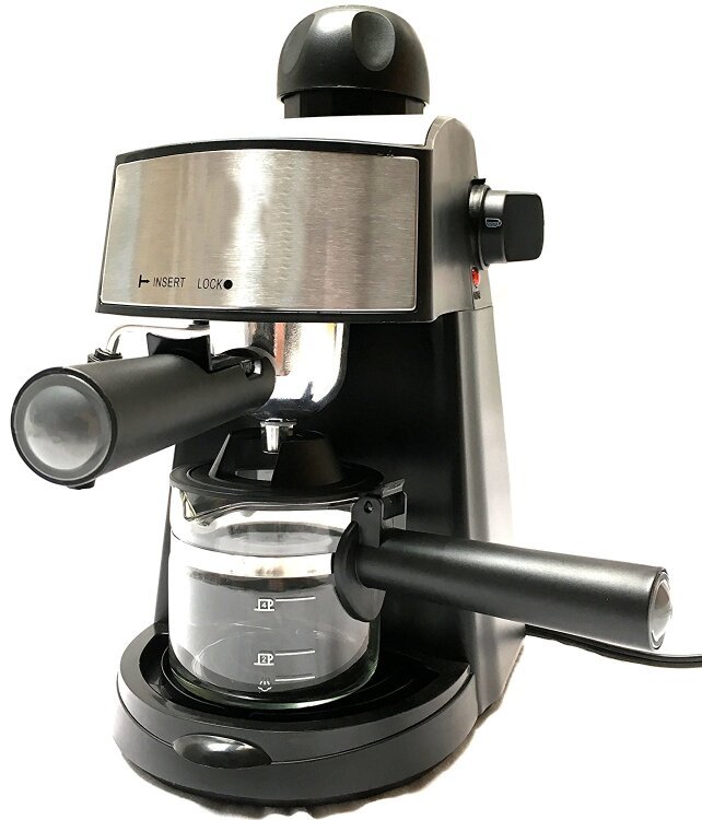 small black espresso maker with silver/gold accents, espresso can and handle on serving area