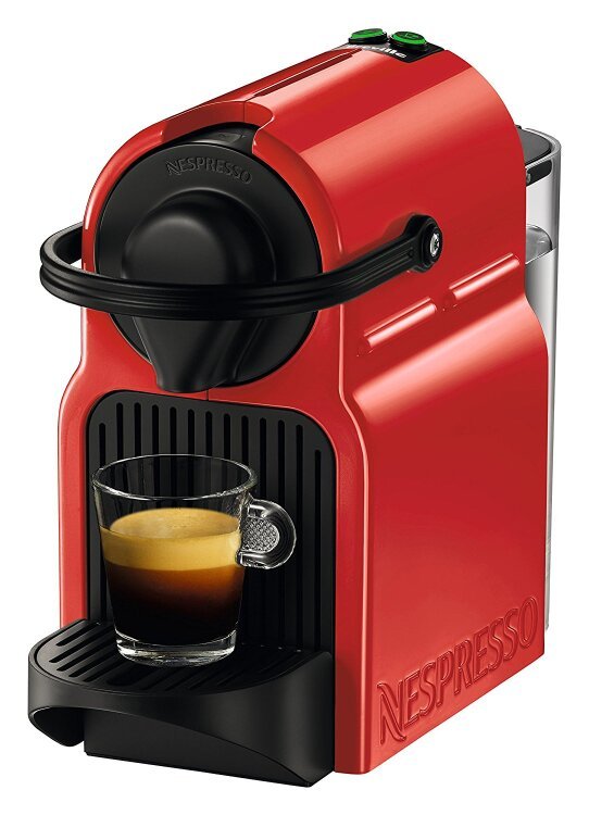 red espresso machine with mug of coffee on center