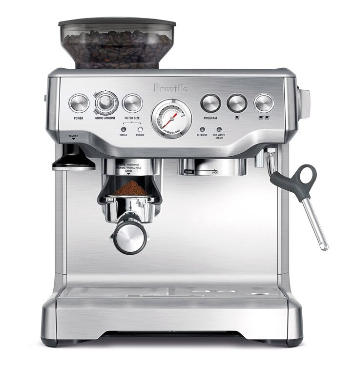 steel-colored espresso machine with black accents