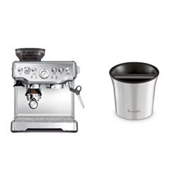 steel-colored espresso machine with black accents and an espresso pod