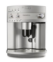 steel-colored espresso machine with black accents facing slight left