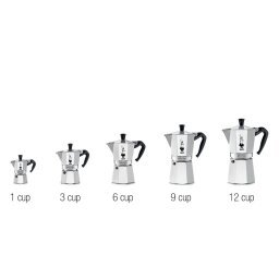 stovetop coffeemakers in five sizes ascending from left