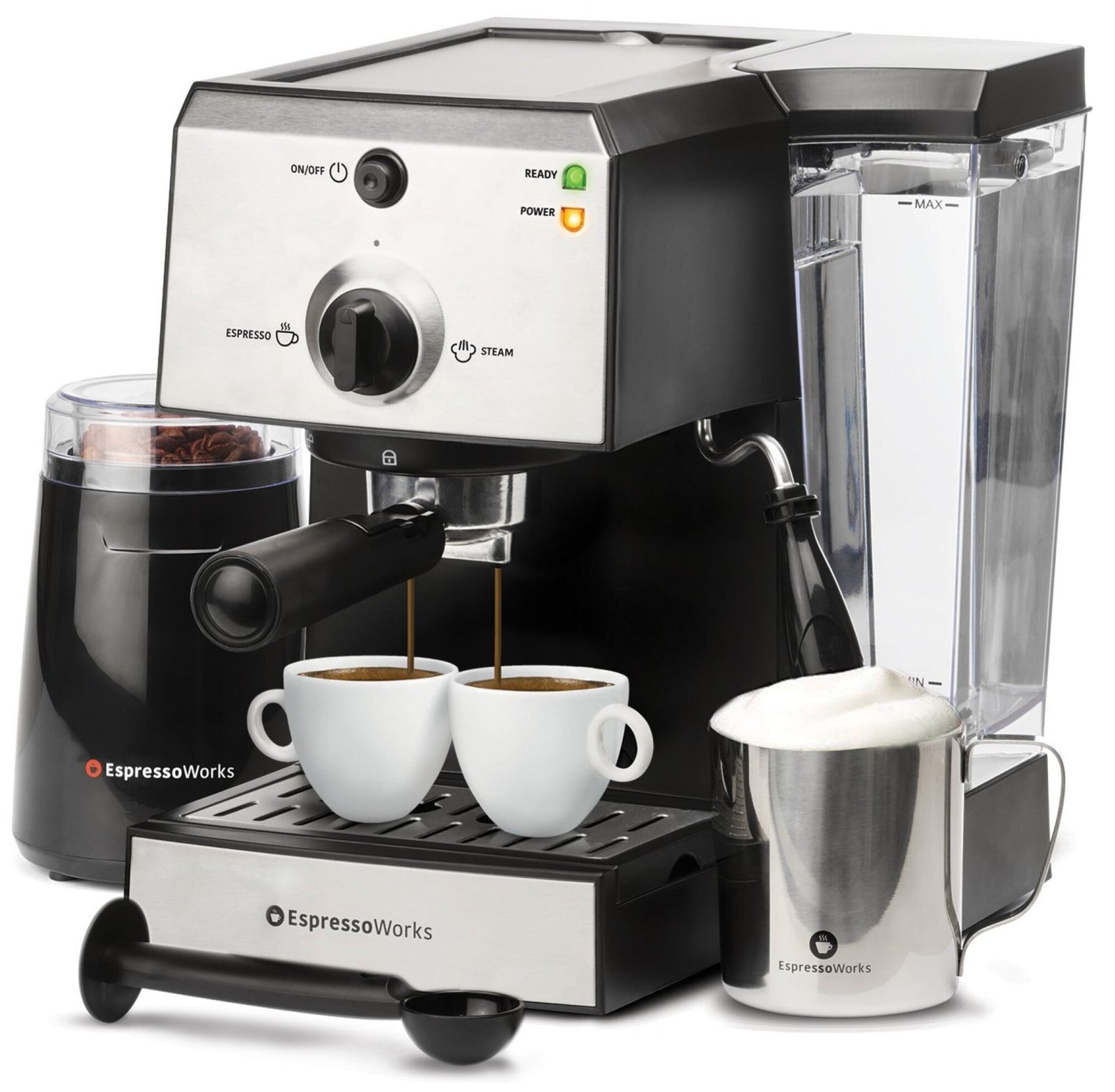 black espresso maker with steel accents, two espresso mugs, milk froth can, and water tank