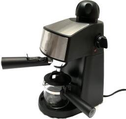 black espresso maker with espresso compartment and handles, facing slight left