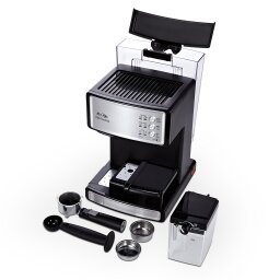 black espresso maker with steel accents, two scoops, espresso grind comparts, and water tank
