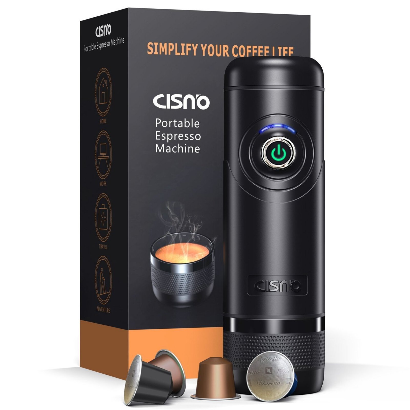 black espresso machine to the right, product box to the left, pod to the left