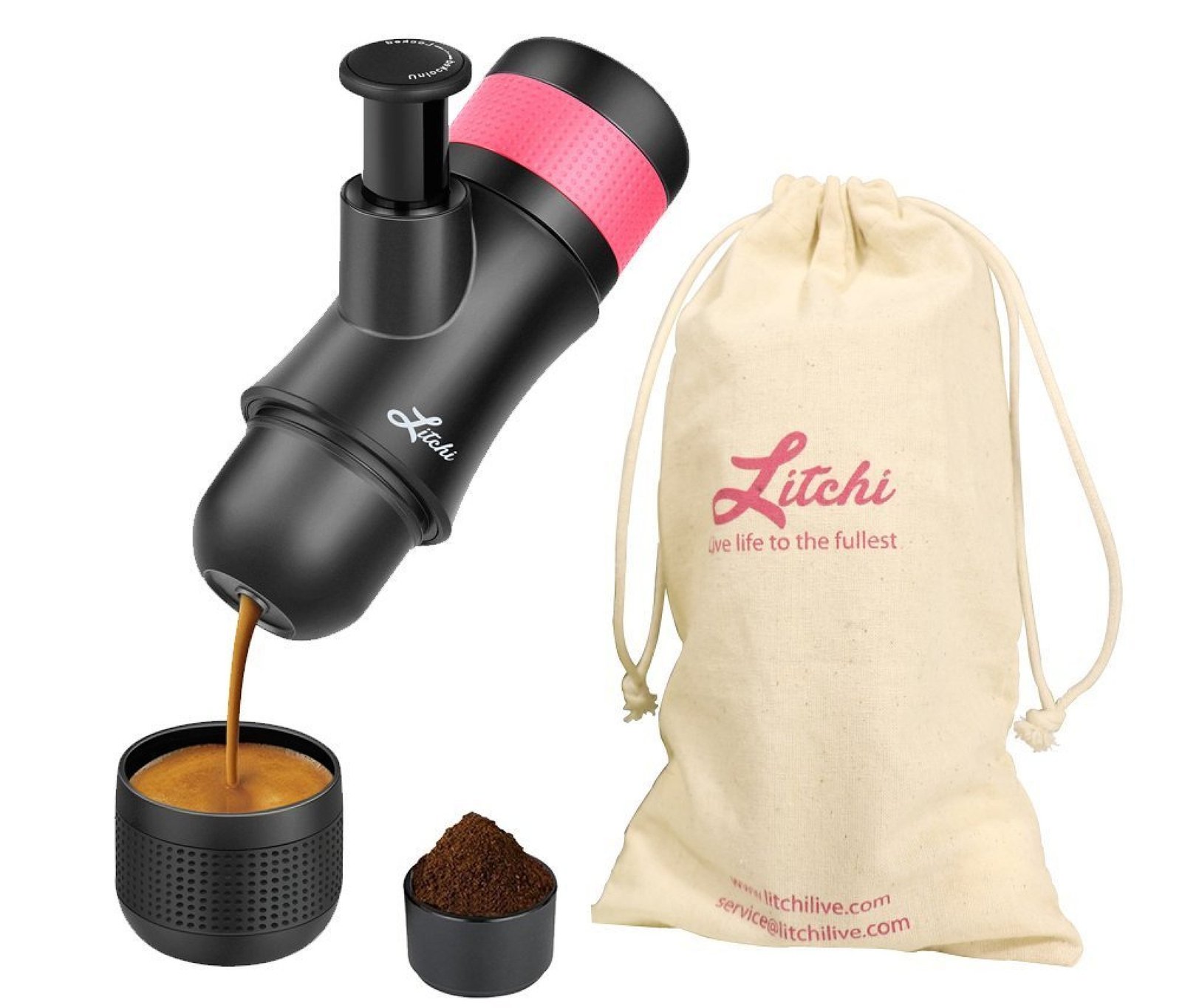 black espresso maker with red circular top,carrying bag to the right, espresso mug below